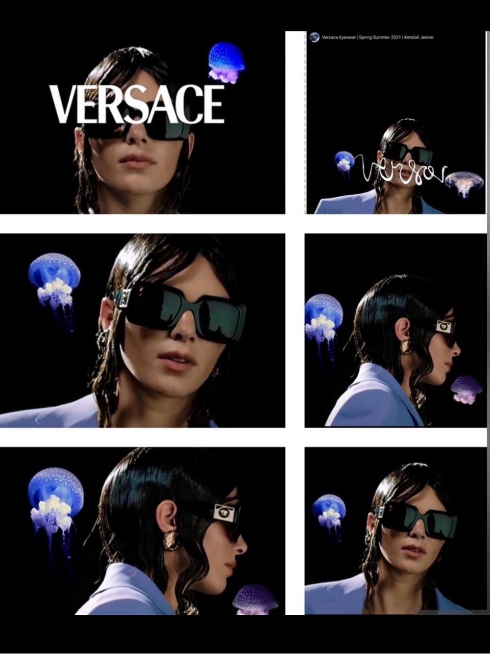 Versace Glossy Black Rectangular Sunglasses with Gold Medusa Temples in their ad